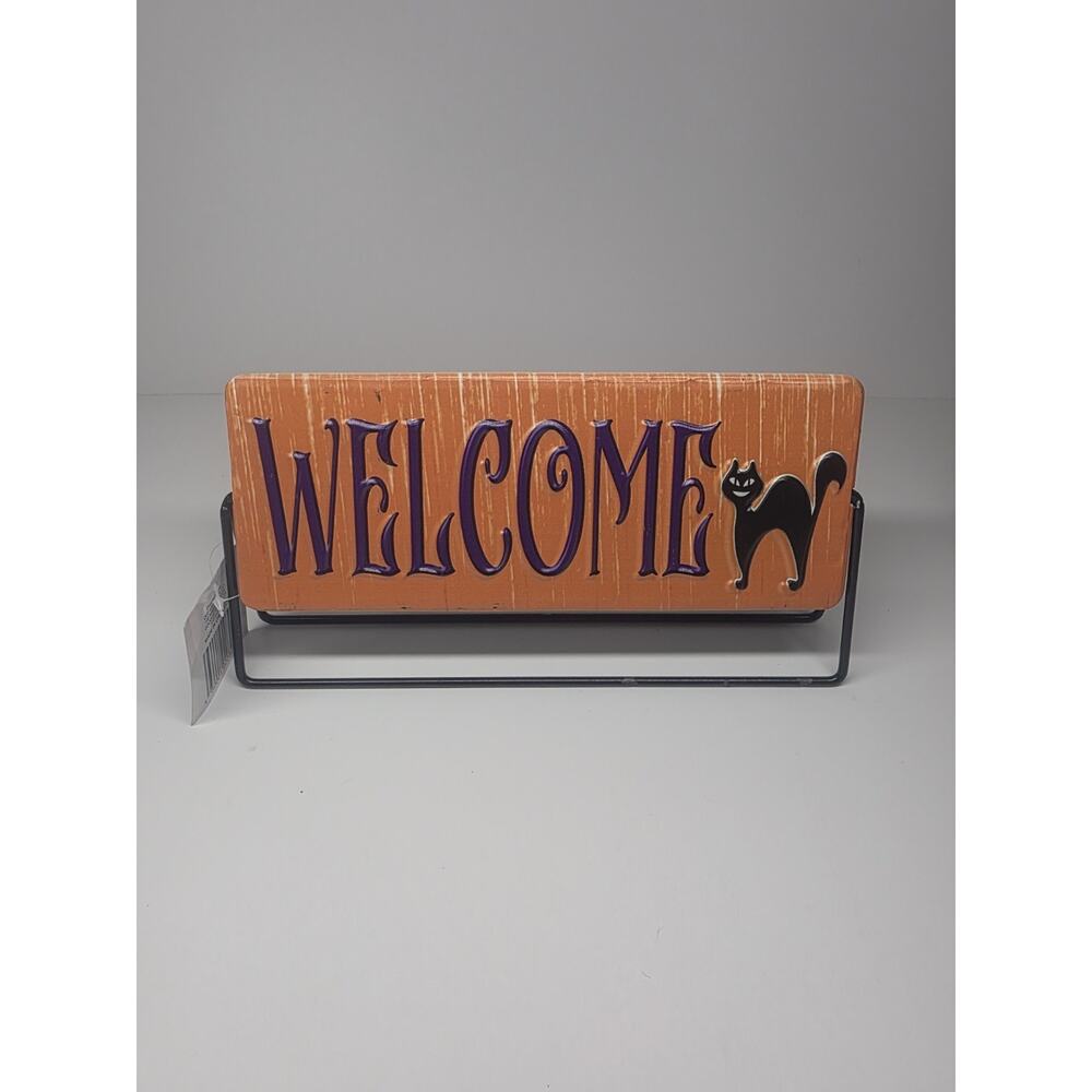 Happy Halloween Metal Spinner Sign 2 Sided Welcome Trick Or Treat Black Cat New